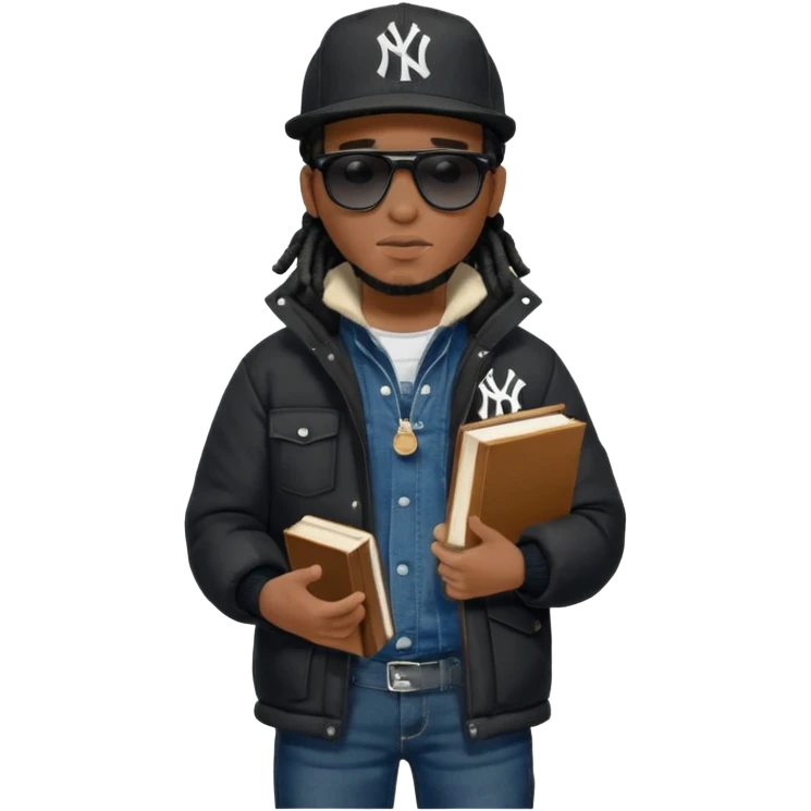 African American man with shoulder length black dreadlocks and black sunglasses wearing a black New York Yankees baseball hat with a North Face brand bubble winter coat with denim skinny jeans and timberland boots walkingholding a bible emoji