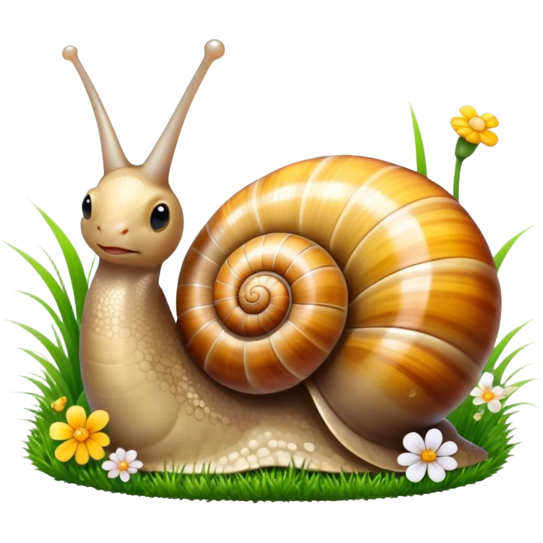 Close-up of large home snails inside a terrarium, showcasing their soft, spiral shells and glistening bodies, with a gentle light highlighting their details. With stones and grass and flowers. Transparent background. emoji