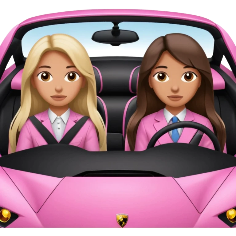 Make car far away so I can see full car Car facing forward in sports car. Make hair long  two girls in car far away Front of car sitting in the seats. Make it a pink sports car. They are two baddies make it a Lamborghini pink car  emoji