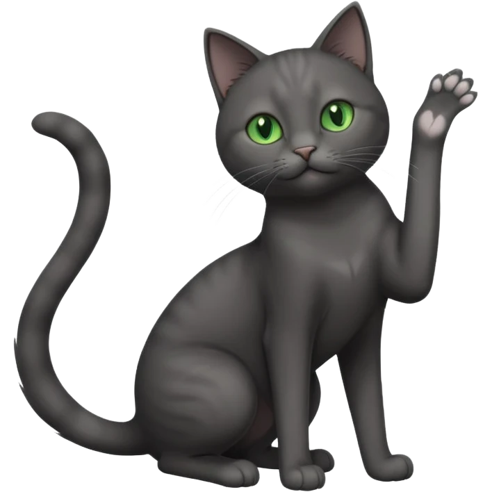 full body gorgeous solid dark grey cat with green eyes, white paws and white whiskers stretching emoji