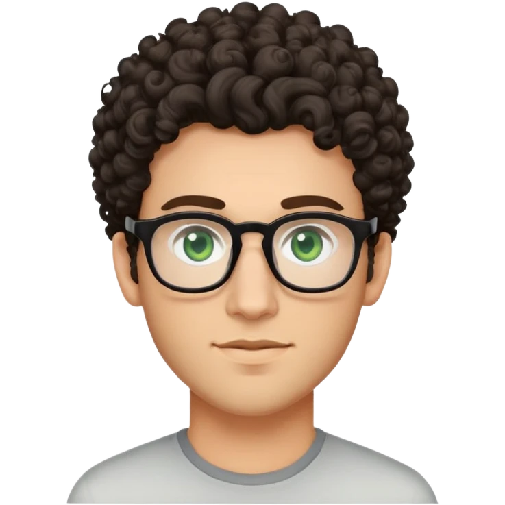 young man with dark tall voluminous curly hair styled up high on head, wearing glasses with green eyes and very light stubble, with a slight smile emoji