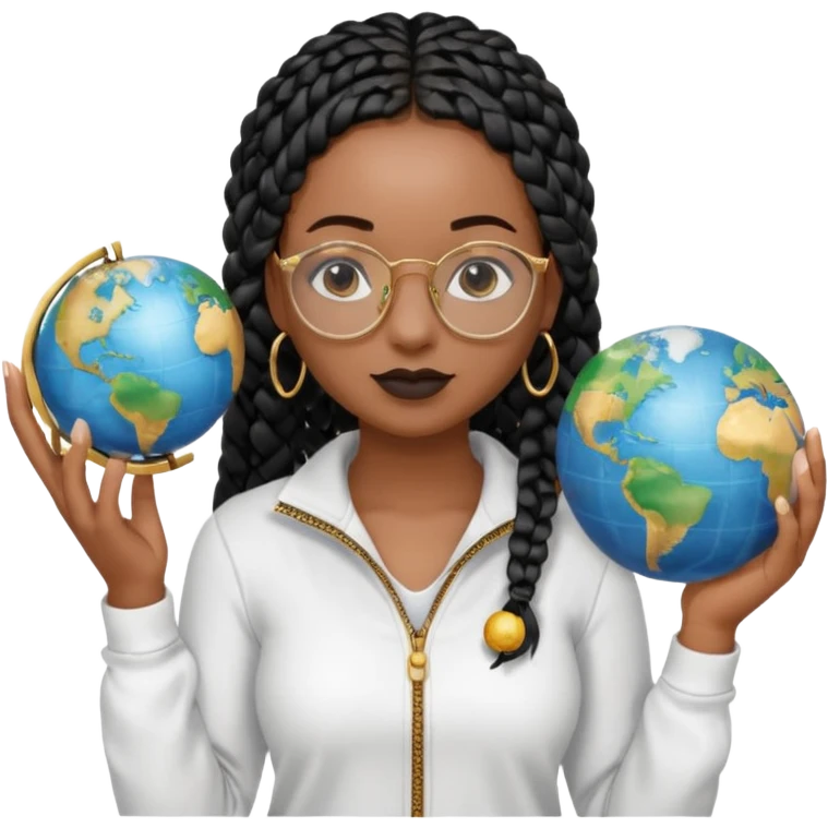 a young woman wearing fine gold round glasses and black hair in several box braids, no earrings, she has light black skin, and she's wearing a white shirt with a black quarterzip. She's holding a globe in one hand emoji