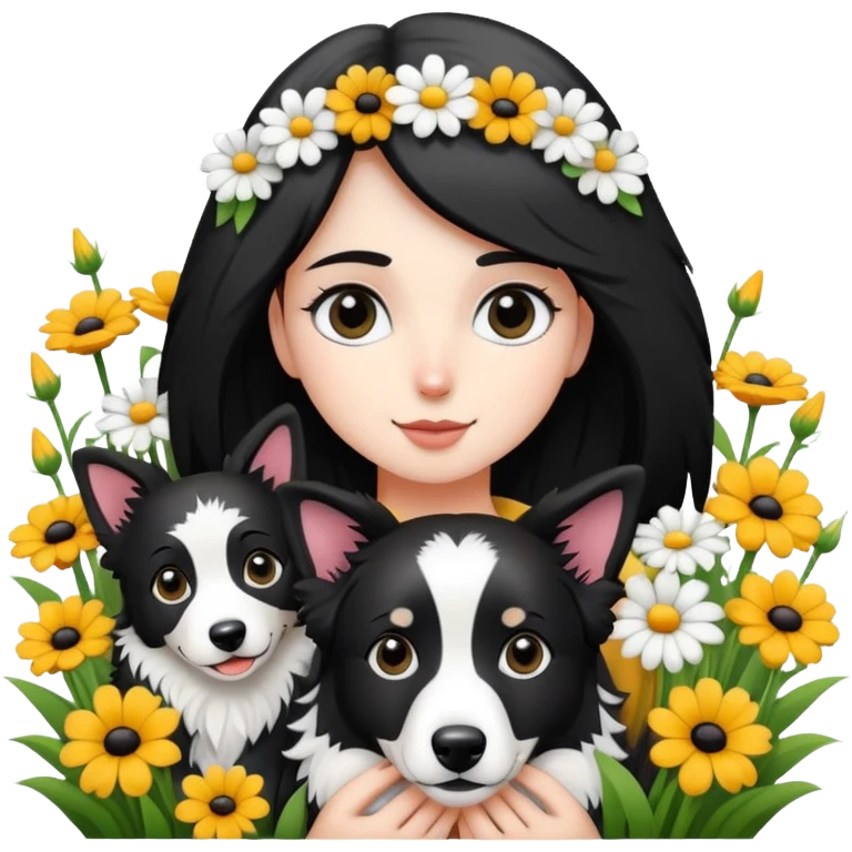 A girl is holding a black and white border collie in the flowers emoji