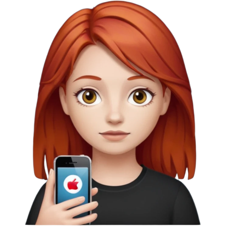 Una chica pelo rojo que está con ojeras color de piel blanca y tiene en su mano un iPhone 16 de 2024 emoji