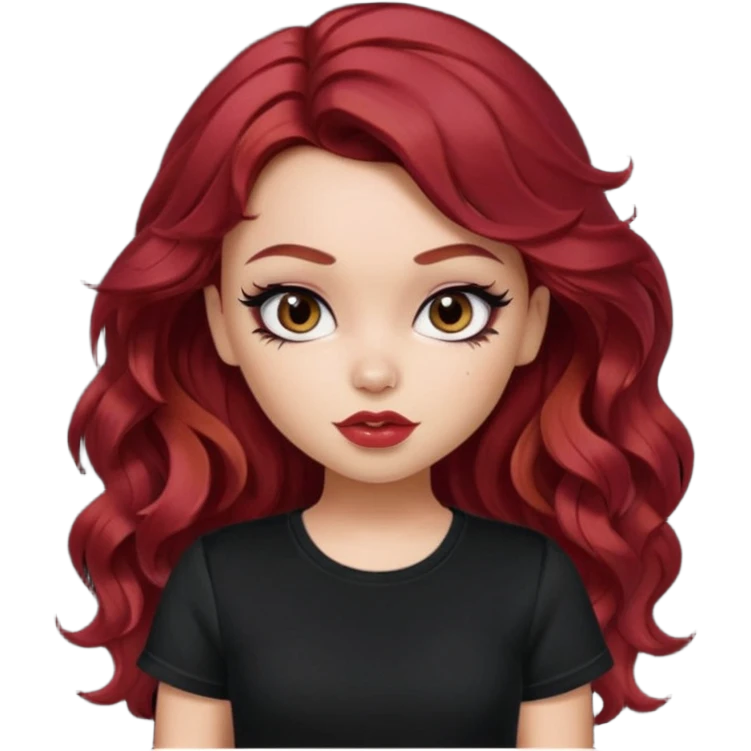 a pretty fair bratz girl with wavy dark red hair, wearing a black tee. eyeliner on emoji
