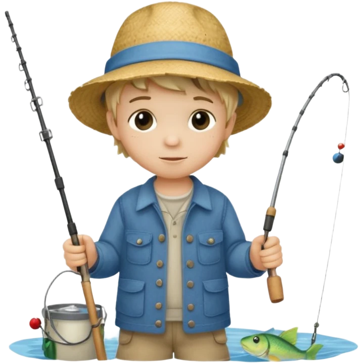 Little boy on the dock fishing, felt texture, scrapbooking, precious moments style character emoji