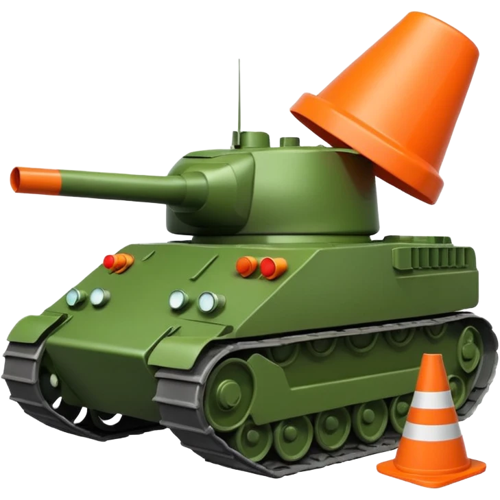 green military tank with an evil expression crushing a traffic cone with a sad face under its treads, emoji style emoji