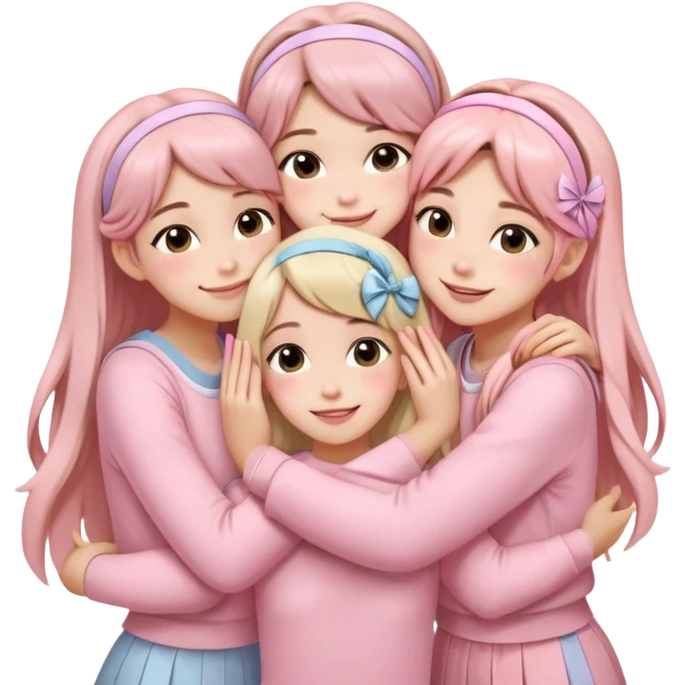 Four girls hugging each other, all wearing soft pink clothes, two with long hair and two with shoulder-length short hair, smiling, with hair accessories like headbands or ribbons, pastel color palette, soft shading, make someone pose with two fingers and someone kisses his cheek emoji