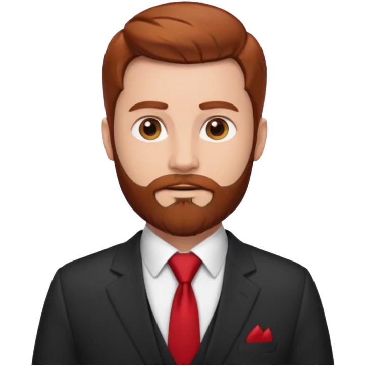 ["Fair-skinned man with reddish-brown hair and a full beard, wearing a suit and red tie."] emoji