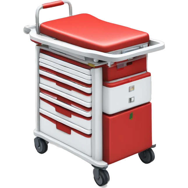 Singular Red medical crash cart is a mobile, multi-drawer unit designed to store and organize emergency medical supplies and equipment and a cardiac defibrillator on top emoji