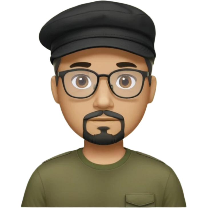 hombre trigueño , barba candado negra y blanca, anteojos, gorra negra , remera tactica verde oliva emoji