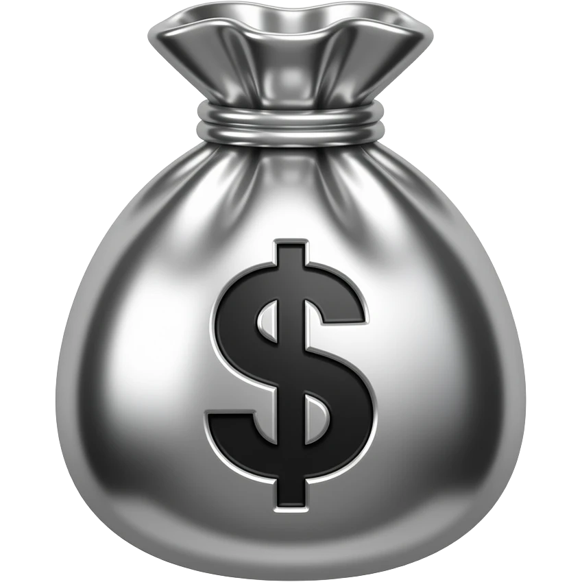 Take the 💰 money bag emoji and recreate it as a 3D chrome metallic icon.  Liquid silver material, glossy reflections, black and white only,  dramatic studio lighting, white background,  ultra sharp render, 512x512px, no text,  same shape and silhouette as the original emoji emoji