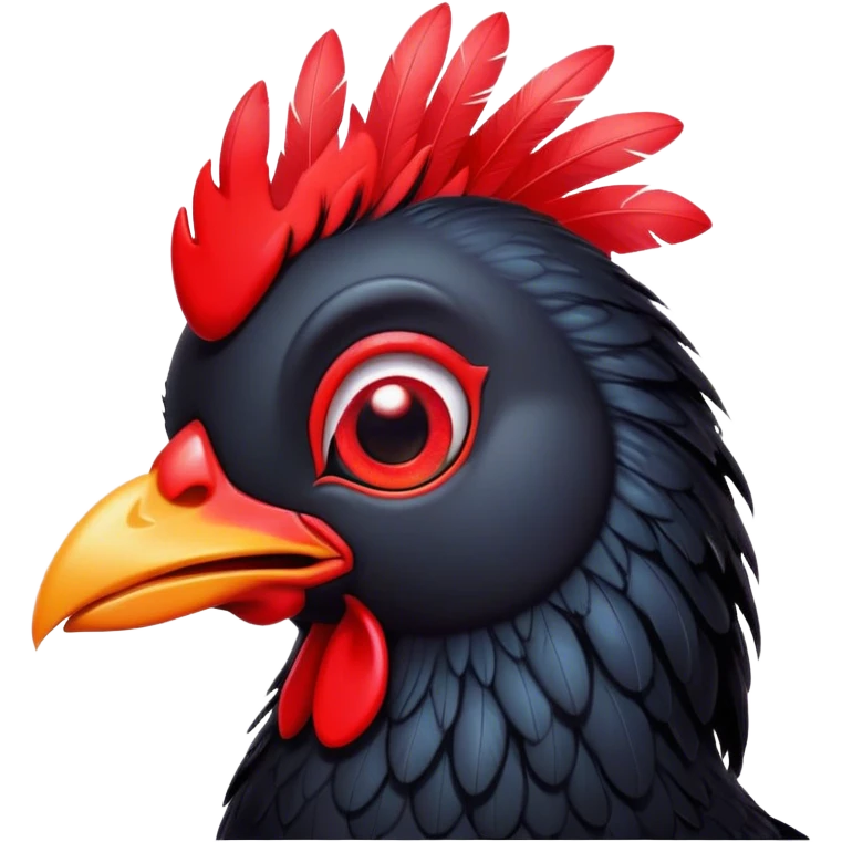 Cinematic Cute Black Chicken Portrait Emoji, Head tilted playfully and inquisitively, featuring sleek, lustrous black feathers and a vibrant red comb, round, sparkling beady eyes filled with curiosity, Simplified yet irresistibly adorable features, highly detailed, glowing with a warm, friendly glow, high shine, affectionate and lively, stylized with a touch of whimsical charm, bright and endearing, soft glowing outline, capturing the essence of a mischievous yet loving chicken, so playful it feels like it could peck out of the screen and into your arms! emoji