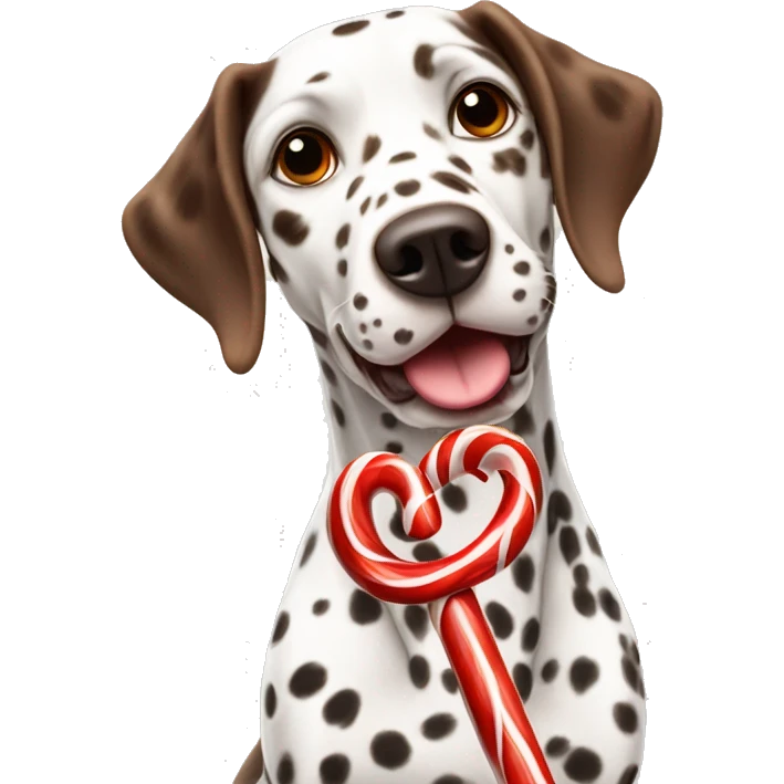 A brown Dalmatian holds a caramel Christmas candy cane in his mouth emoji