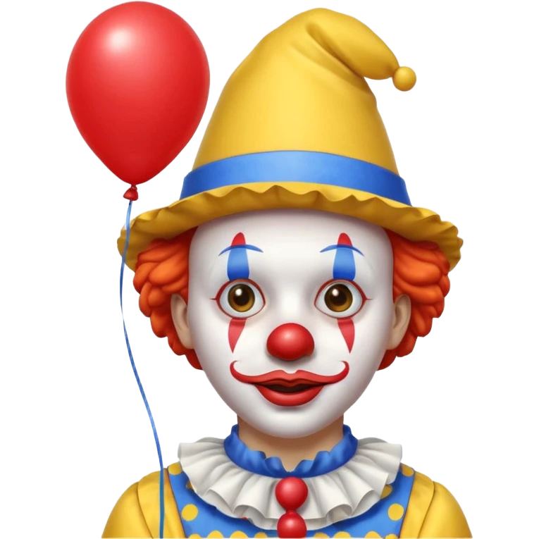 A clown who has a yellow hat, yellow clothes, blue neck ruffle, and a red balloon as his lips; emoji