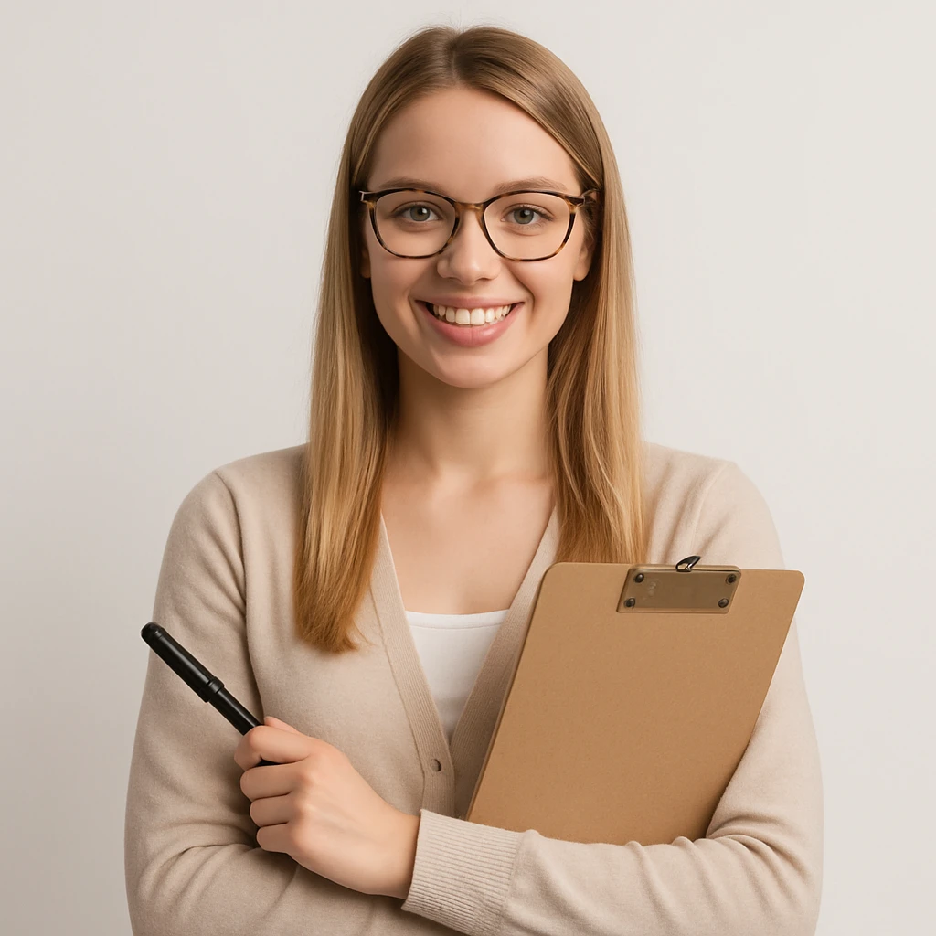 profesora joven, pelo liso rubio, piel clara, fondo blanco emoji