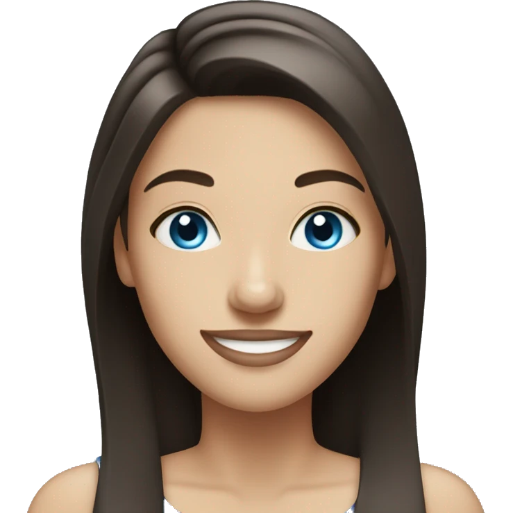 woman with dark brown straight hair and blue eyes smiling emoji