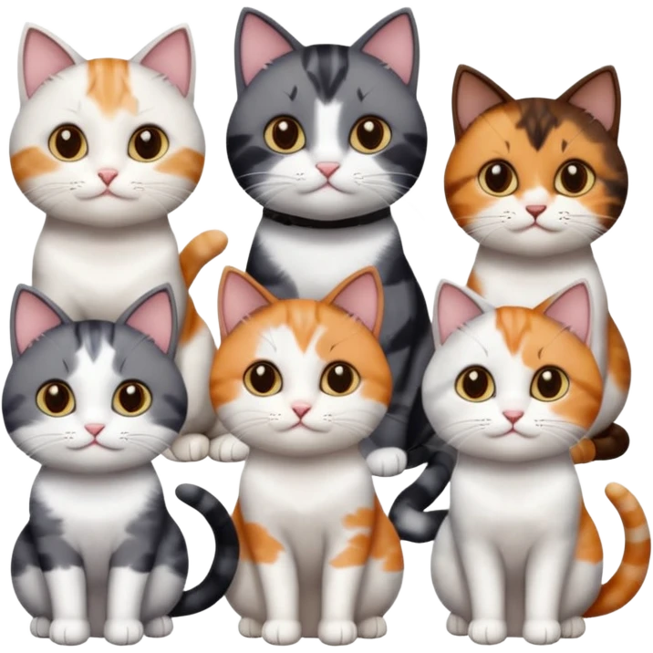 5 different coloured short haired cats including; a dark brown and white cat, and a dark grey and white, and a calico emoji