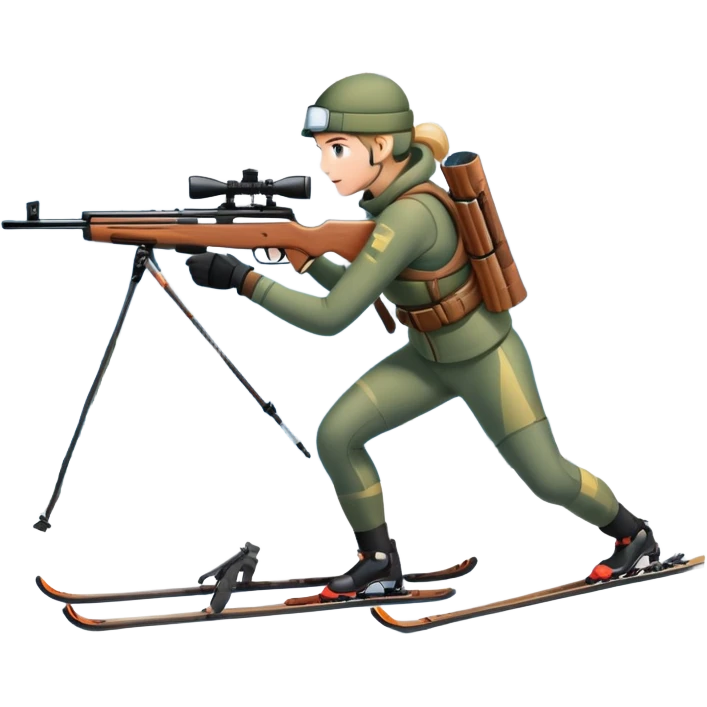 An icon showing a snowy landscape with pine trees, mountains, and a clear sky with a biathlete aiming a rifle in the foreground, wearing winter gear and skis. Transparent background emphasizes the precision, endurance, and beauty of this winter sport. emoji