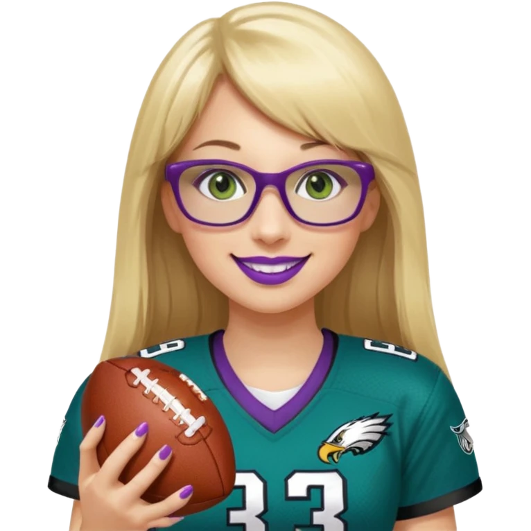 long blonde hair with straight bangs, black rectangle glasses, female, green eyes wearing eagles uniform jersey number 33 holding football smiling purple lipstick emoji