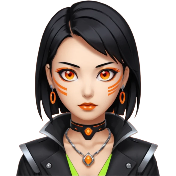 Cyberpunk Japanese woman, mid-50s looking young, sharp features, sleek black hair, glowing orange eyes, expensive tech jewelry, vengeful expression, neon highlights, dark background. emoji