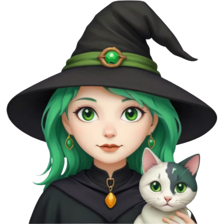 Witch with cat companion, green haired emoji