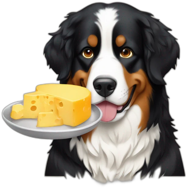 A Bernese mountain dog eating a cheese fondue emoji