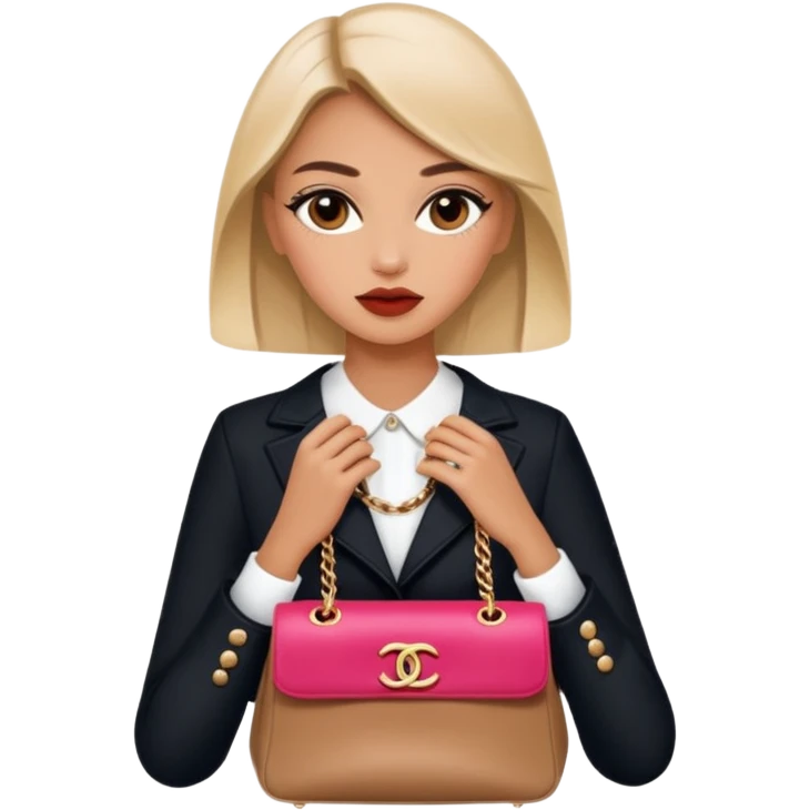 fashionable girl with Chanel and Dior bags in her hands, iOS 18 emoji style, minimalistic and modern, no text emoji