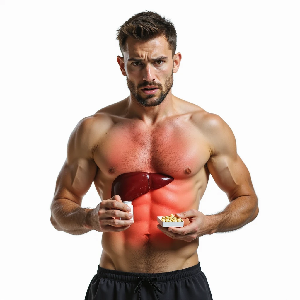 inexperienced athlete showing red swollen liver area, holding a box of pills, worried look, realistic details, isolated on white background emoji