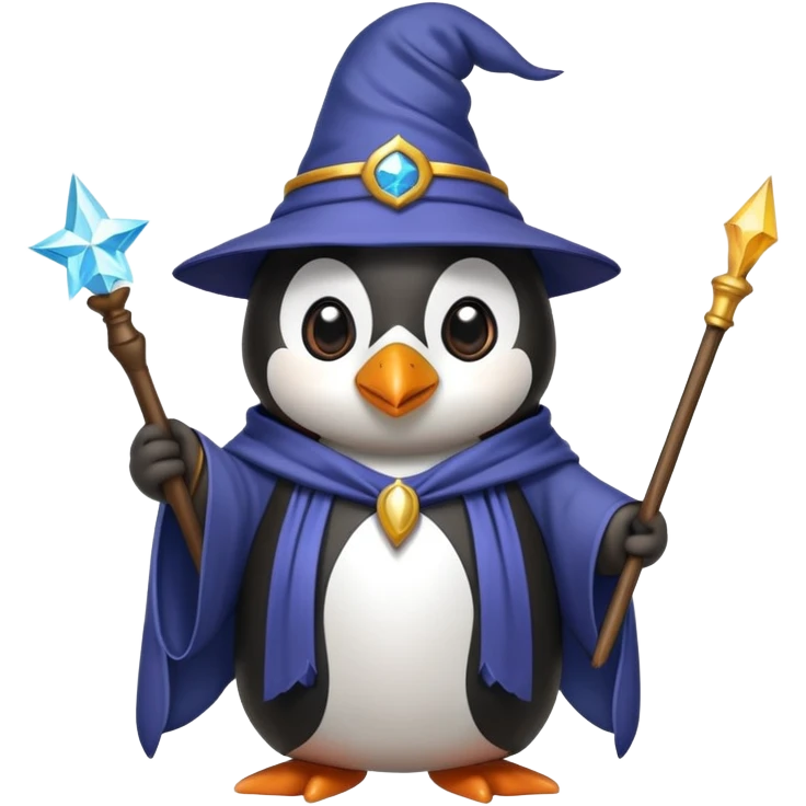 Penguin wearing wizard hat and robe holding a magic wand emoji