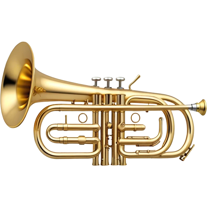 Create a sleek and professional emoji representing a Stomvi trumpet. The design should showcase the shiny, polished brass body of the trumpet with its distinct bell, valves, and tuning slides. Highlight the intricate keywork and the valve pistons, with detailed metallic accents and subtle reflections on the surface. The mouthpiece should be visible at the top of the instrument. Use golden and brass tones with light reflections to emphasize the smooth, high-quality finish. Add a few musical notes floating around the trumpet to evoke its bright and resonant sound. The background should be transparent. emoji