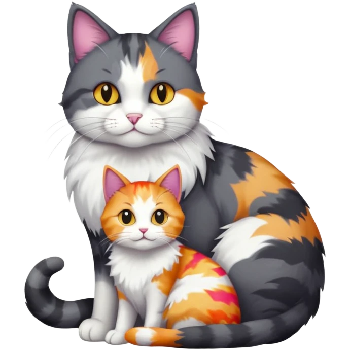 full body large dark grey and white cat cuddling a colourful light patched calico + white tabby cat  emoji