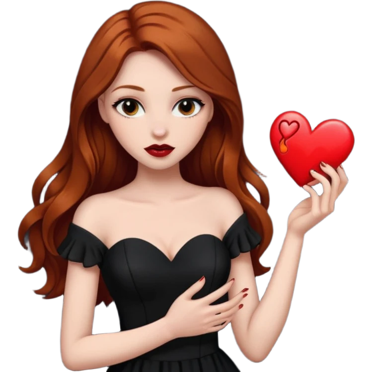  woman flirting long dark ginger hair dark make up holding a broken heart black dress emoji