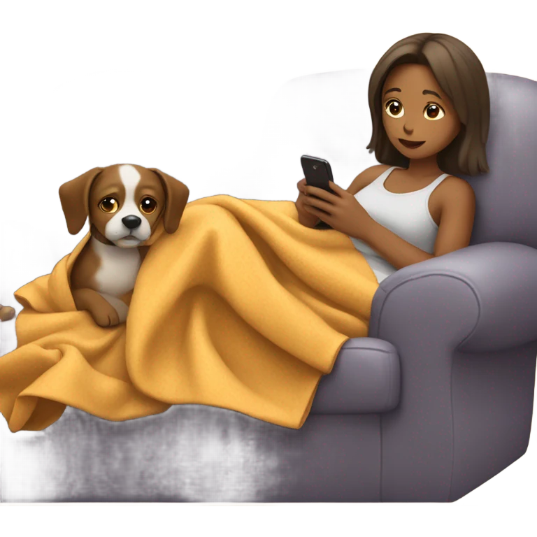 Girl laying on coach with blanket while looking at phone with dog on lap emoji