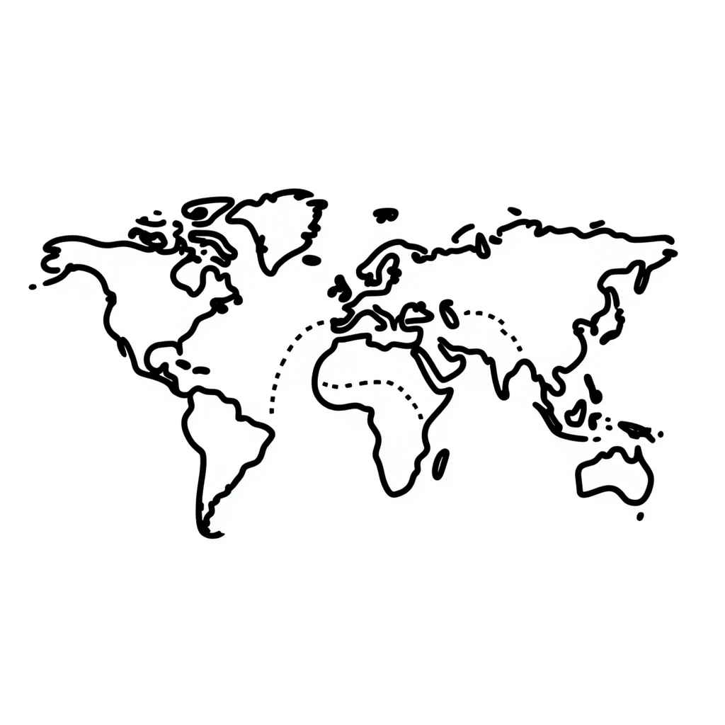 hand-drawn world map with a dotted route line connecting multiple countries emoji