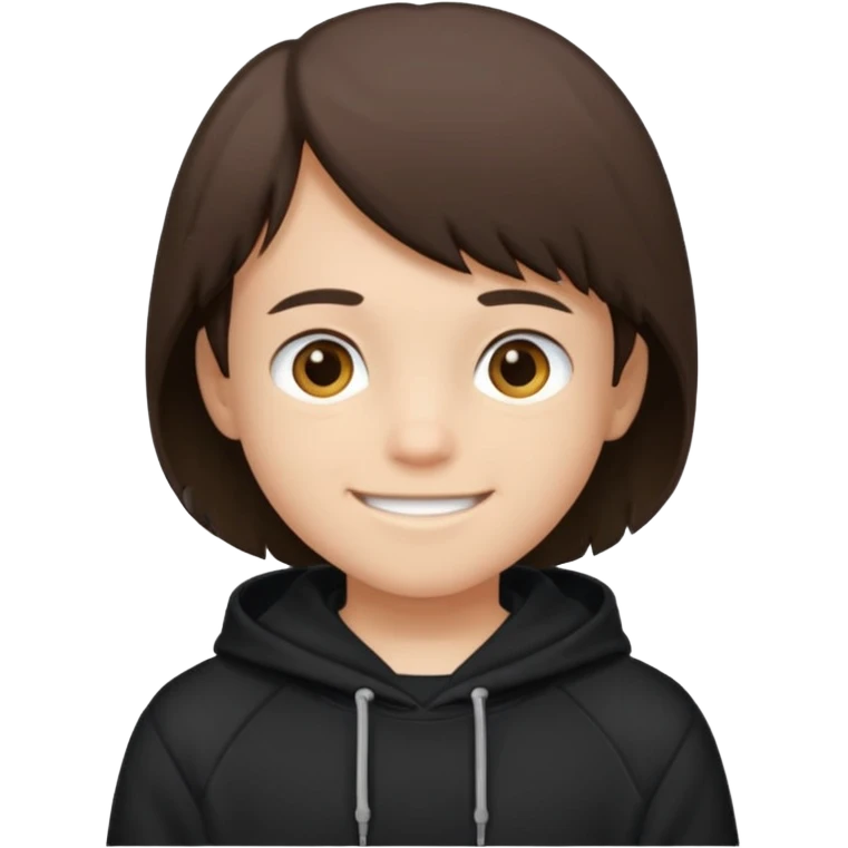 A brunette boy, short straight hair, light brown eyes, with a black sweatshirt with a hoodie, and smile  emoji