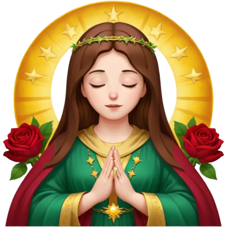 Virgin Mary with a kind face looking down to the left, long brown hair, wearing an emerald green robe with gold stars, burgundy red dress, hands in prayer, halo around her head, standing in front of a big sun, colorful roses on the sides emoji