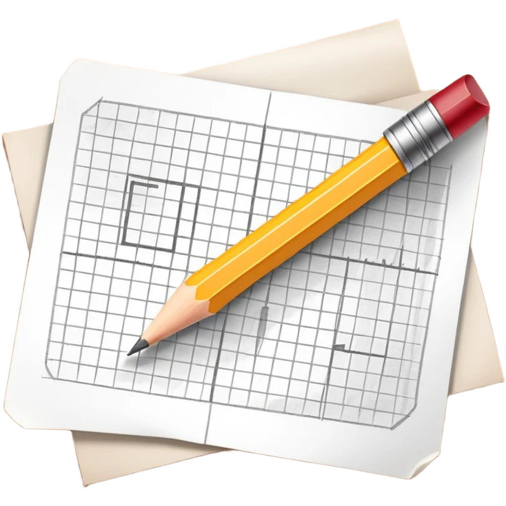 A pencil is placed over a sheet of paper grid, representing the sketching phase of a logo emoji