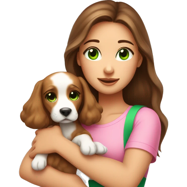 Pretty girl with long brown hair with green eyes and long lashes holding a very cute puppy show her whole upper body and let her wear a cute pink top emoji
