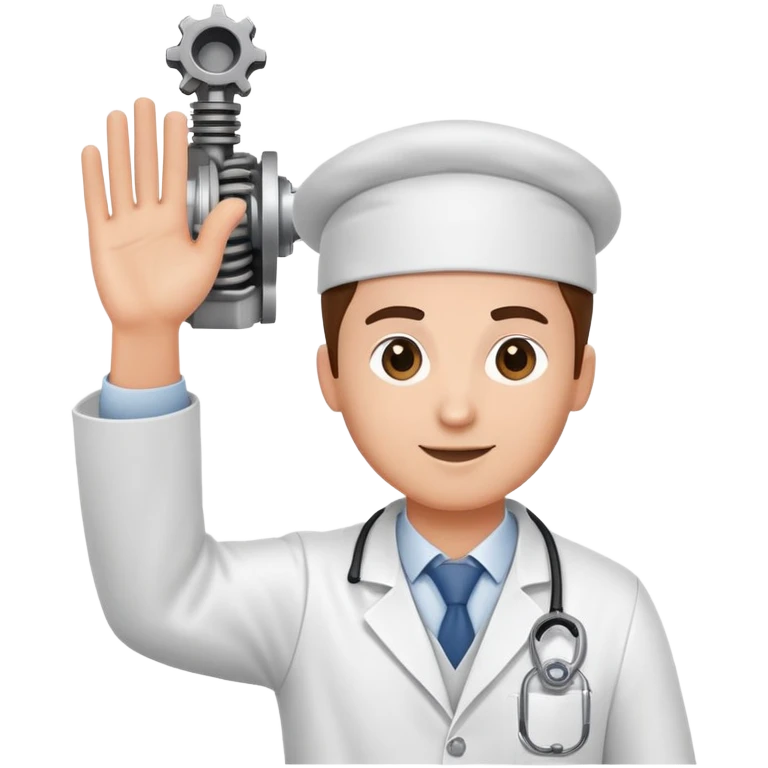 employee holding a car engine part in one arm, waving right hand, wearing a white lab coat emoji