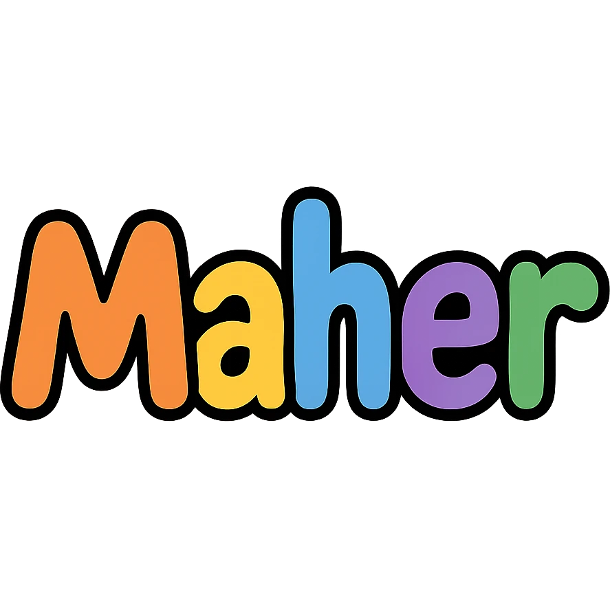 the name 'Maher' in playful, rounded bubble letters, designed as a Slack emoji, transparent background emoji