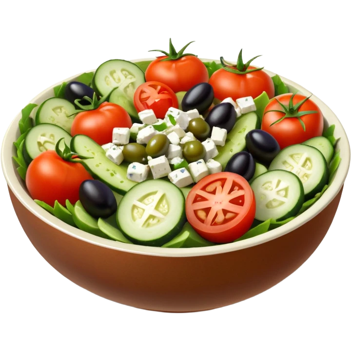 mediterranean salad bowl object icon, tomatoes, cucumbers, olives, feta cheese, olive oil dressing, 3D cartoon, mobile game icon style, clean background, no text, no watermark
 emoji