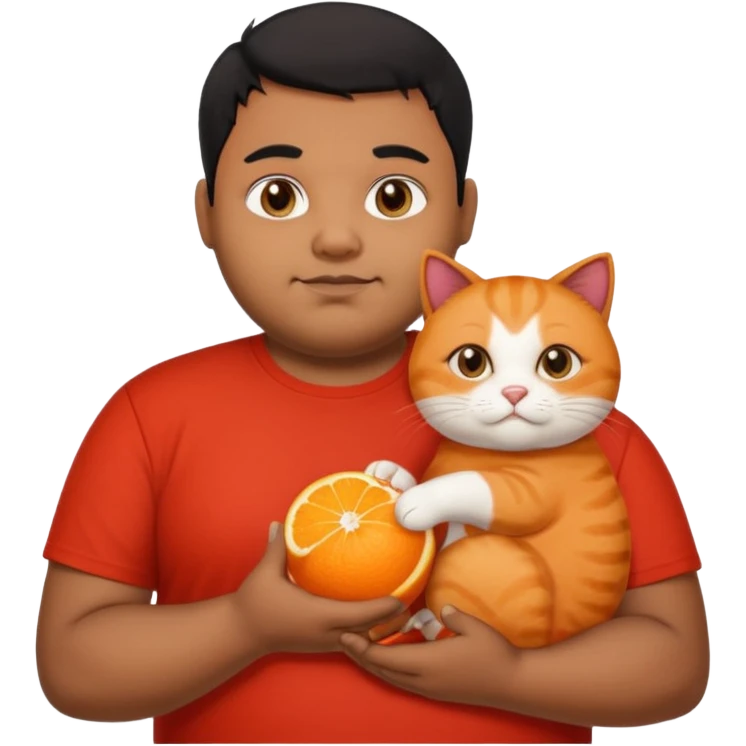 Indian black chubby guy with black hair in red t-shit with orange cat emoji