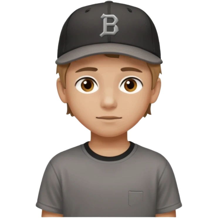 Create a teen boy wearing a faded black T-shirt. He will have light brown hair that is buzzed, tan skin, and dark brown eyes. He is wearing a gray baseball hat turned backwards. emoji