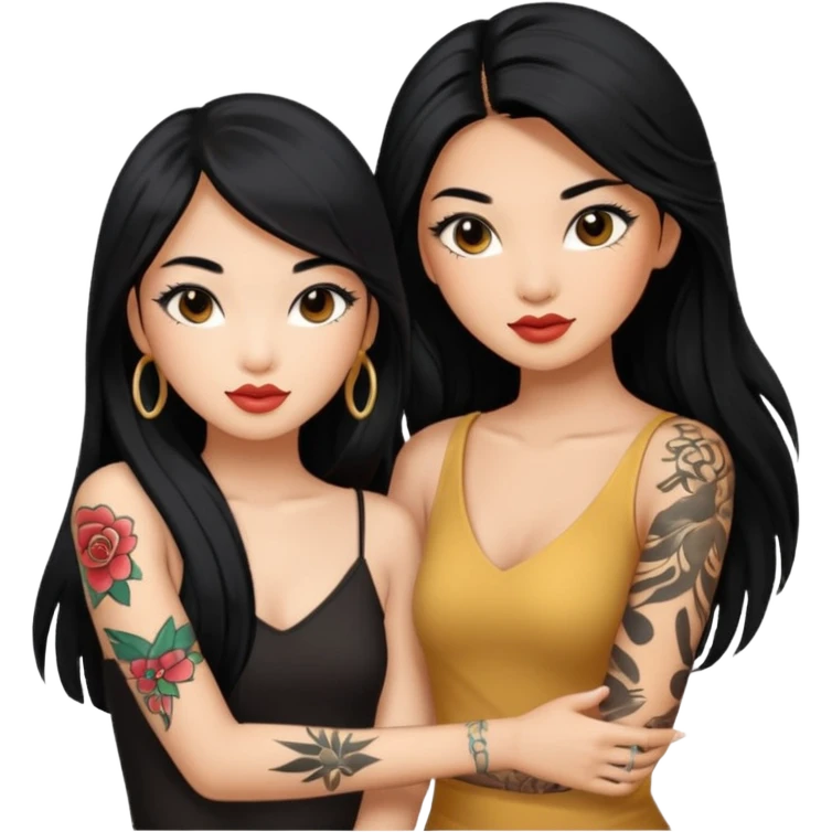  2 glamorous asian girl bff with left arm tattoos, false lashes, and long black hair emoji