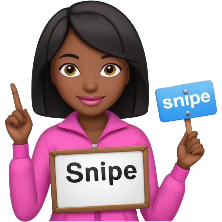Dark skin woman with black bob in hair holding sign that says snipe  wearing pink outfit  emoji