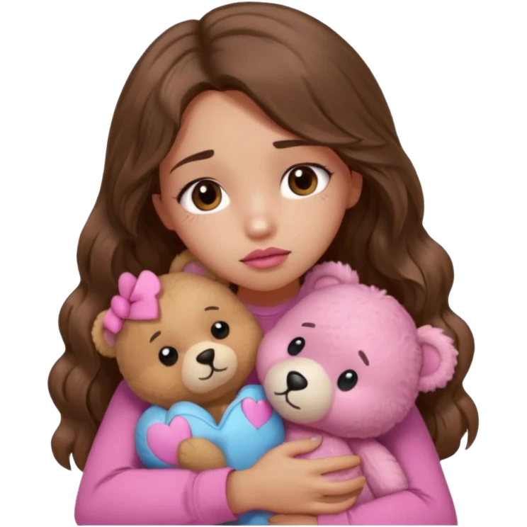 girl with long wavy brown hair, brown eyes, light to medium complexion, in a pink shirt, pink lips, long lashes, sad, hugging squeezing a teddy bear with bandaid hearts emoji