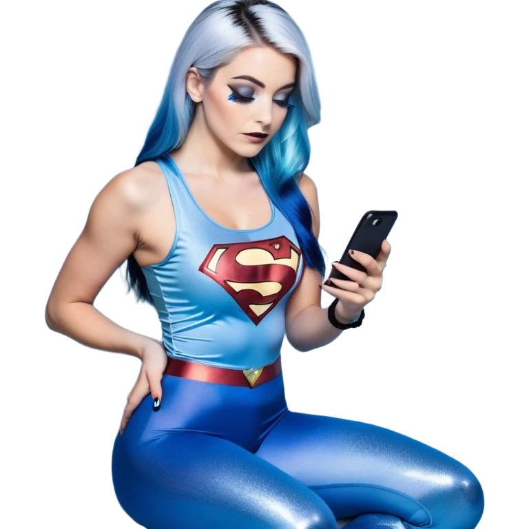 big tears-looking up-exting on phone-very very very large upper body-sexy face-bending forward at waist-very long very straight dark blue to light blue ombre hair-and-blue eyes-thick black eyeliner-thick long eyelashes-iridescent blue lowcut tanktop with black leggings with glitter superman logo emoji