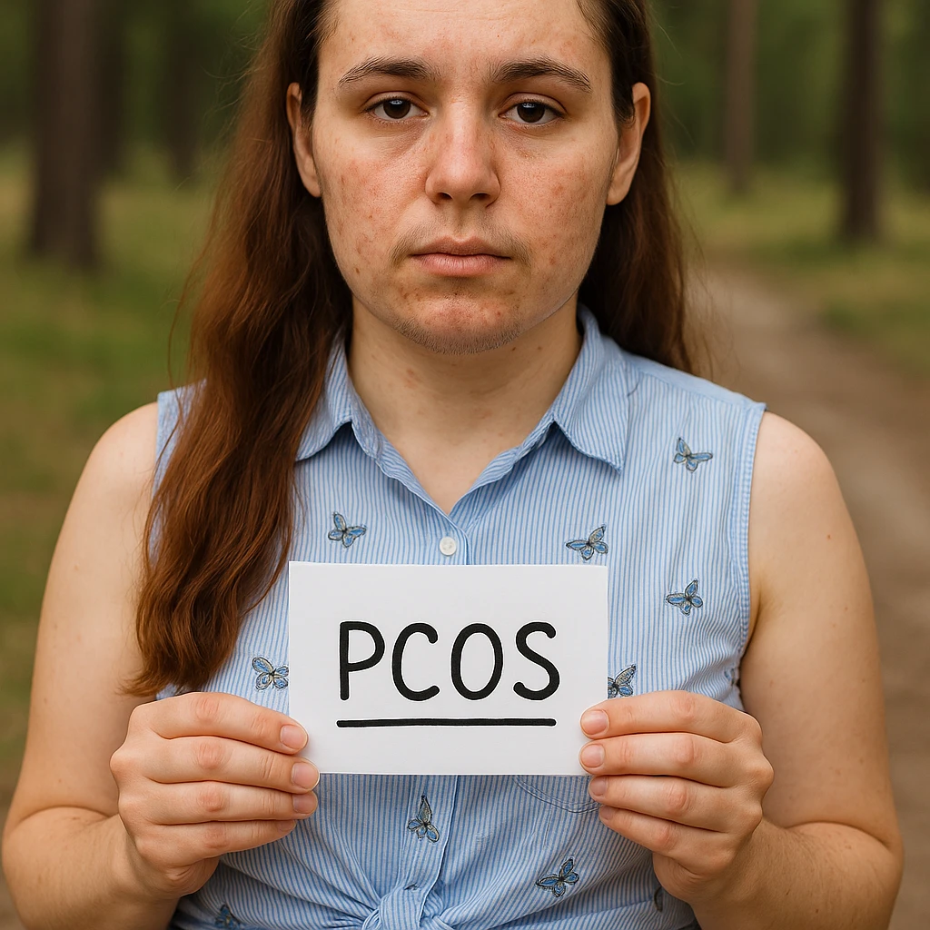 Realistic woman with PCOS inspired by the reference photo, face with acne, facial hair on chin, thinning hair, similar clothing, natural environment, hyperrealistic 4K details. emoji