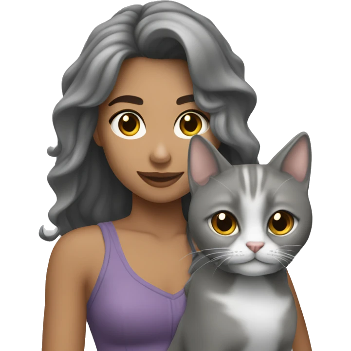 Una chica con su gata gris en brazos emoji
